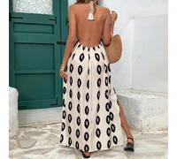 Shein Vestido casual de verano para mujeres con tirantes en cuello halter, lazo de cuerda de borlas, tajo alto y espalda descubierta para vacaciones