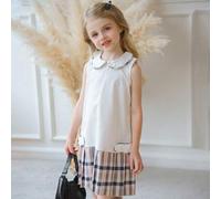 Shein Vestido casual de verano para niñas con cuello Peter Pan, sin mangas, volantes en el bajo, diseño de parches y cuadros