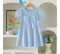 Shein Vestido casual de verano para niñas, cuello redondo, mangas abullonadas transparentes, decoración de lazo con malla de lentejuelas, vestido de moda mi