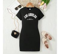Shein Vestido casual de verano para niñas de manga corta, cuello redondo, estampado de letras y gráficos, que llega a la rodilla, para uso diario