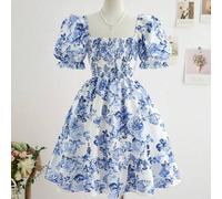 Shein Vestido casual de verano para vacaciones con lazo grande en la espalda, de línea A, cintura con nudo, mangas obispo impresas en azul y blanco, para ni