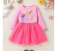 Shein Vestido casual, elegante y dulce para niña, suave y cómodo, con estampado de degradado de color unicornio y parche de tul en el bajo