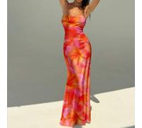 Shein Vestido casual minimalista de vacaciones, bohemio, elegante, romántico, retro, con estampado de teñido anudado en naranja-rojo floral acuarela, adecua