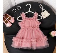 Shein Vestido casual para bebé niña recién nacida de color liso con volantes en el bajo y tirantes anchos