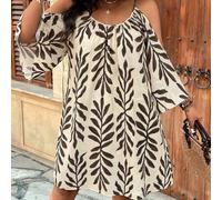 Shein Vestido casual recto de línea A con cuello en pico, mangas acampanadas con abertura, cuello fruncido y estampado floral de dos colores con textura sim