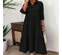 Shein Vestido casual simple de talla grande con mangas a media longitud, unicolor, plisado delantero y abotonado, para outfit de mujer de largo maxi en Acci