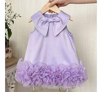 Shein Vestido casual sin mangas para niña con cuello Peter Pan, tejido de unicolor y volantes de malla en el bajo