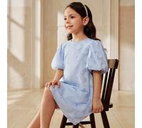 Shein Vestido casual y elegante de línea A con cuello redondo, decoración de cremallera invisible y mangas abullonadas para niñas jóvenes