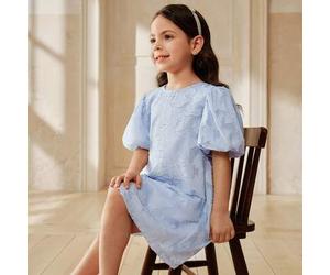 Shein Vestido casual y elegante de línea A con cuello redondo, decoración de cremallera invisible y mangas abullonadas para niñas jóvenes