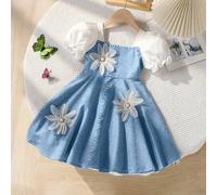 Shein Vestido casual y elegante de una sola pieza para niñas jóvenes, diseñado en azul con mangas abullonadas blancas y decoraciones florales encantadoras.