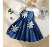 Shein Vestido casual y elegante de una sola pieza para niñas jóvenes, diseñado en azul con mangas abullonadas blancas y decoraciones florales encantadoras.