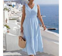Shein Vestido casual y elegante francés para vacaciones y viajes, tela estampada de rayas azules y blancas, cuello en V sin mangas, cintura ceñida y falda a