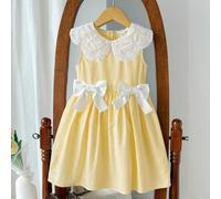 Shein Vestido casual y lindo para niña con cuello Peter Pan, adornos de encaje bordado y lazo, cintura ceñida, sin mangas, color amarillo limón, para verano