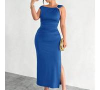 Shein Vestido cómodo, casual y elegante para vacaciones, oficina y transporte, sin mangas, con decoración metálica, fruncido, cintura elástica, silueta evas