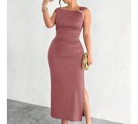 Shein Vestido cómodo, casual y elegante para vacaciones, oficina y transporte, sin mangas, con decoración metálica, fruncido, cintura elástica, silueta evas