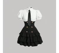 Shein Vestido con cuello de corazón vintage con estilo de colegiala en blanco y negro, con corbata y dobladillo con volantes para el primer día de clases, r