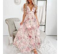 Shein Vestido con cuello en V profundo, sin mangas, cintura alta, plisado, espalda descubierta, con tirantes tipo espagueti, adecuado para boda, dama de hon