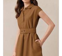 Shein Vestido con diseño de cinturón en la cintura, bolsillos laterales, cuello polo y media cremallera en color marrón. Elegante estilo urbano, retro de lo