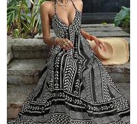 Shein Vestido con estampado digital rosa, cintura ajustada, espalda descubierta, tirantes con lazo, estilo francés de escote en V para vacaciones en la play