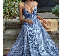 Shein Vestido con estampado digital rosa, cintura ajustada, espalda descubierta, tirantes con lazo, estilo francés de escote en V para playa y vacaciones