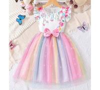 Shein Vestido con mangas con volantes con estampado floral 3D y lazo para niñas pequeñas con degradado de color y tul esponjoso, estilo princesa fashionable