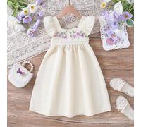 Shein Vestido con mangas de globo, bloqueo de colores y bordado de flores, perfecto para vacaciones y salidas de verano para niña joven