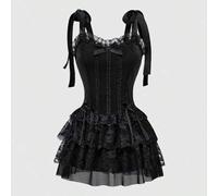 Shein Vestido corset de midi de terciopelo con tirantes de espagueti, adorno de encaje de contraste de color y colgante de cruz, estilo palaciego vintage gó