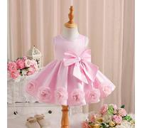 Shein Vestido corte A para niña bebé de unicolor, con lazo 3D lujoso y decoraciones de flores 3D para un aspecto elegante y premium. Hecho de tela suave de