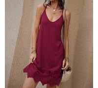 Shein Vestido corto básico de verano estilo occidental americano country, con patchwork de encaje en color albaricoque