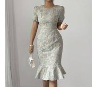 Shein Vestido corto con escote de barco y mangas abullonadas, para primavera/verano/principios de otoño, con cintura ceñida, en jacquard dorado texturizado,