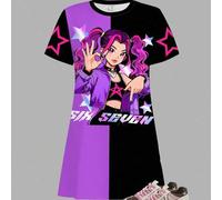 Shein Vestido corto de cuello redondo con mangas cortas, estampado con letras y estrellas del grupo de chicas K-POP, en contraste de color violeta y negro,