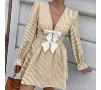 Shein Vestido corto de estilo universitario retro con mangas abullonadas largas, cintura elástica y corte evasé, con rayas blancas y color albaricoque, lazo