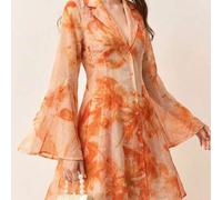 Shein Vestido corto de gasa con cuello con volantes y estampado floral amarillo Rosie