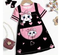 Shein Vestido corto de manga corta casual y sencillo para niña, con estampado de gatito y corazón rosa, que dice "Chill Chill Summer", adecuado para el vera