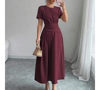 Shein Vestido corto de manga corta, cuello redondo, cintura ajustada y silueta evasé, en unicolor, para uso casual, de negocios, merienda o fiesta, primaver