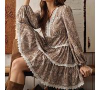 Shein Vestido corto de manga larga con estampado gráfico vintage, encaje y patchwork, estilo casual country americano, atuendo básico de uso diario para muj