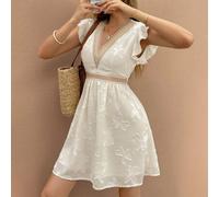 Shein Vestido corto de mujer con escote en V, manga con volantes, encaje de parche y tejido jacquard calado para vacaciones/fiesta