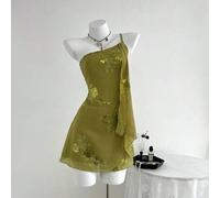 Shein Vestido corto de mujer con un solo hombro, estilo vintage romántico y de verano, con bordado chino, cuentas y volantes