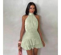 Shein Vestido corto de mujer de satén rosa y gasa con cuello halter y espalda descubierta, falda corta de línea A con dobladillo de volantes dobles que expo