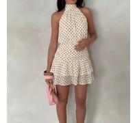 Shein Vestido corto de mujer de satén rosa y gasa con cuello halter y espalda descubierta, falda corta de línea A con dobladillo de volantes dobles que expo