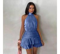 Shein Vestido corto de mujer de satén rosa y gasa con cuello halter y espalda descubierta, falda corta de línea A con dobladillo de volantes dobles que expo