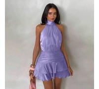 Shein Vestido corto de mujer de satén rosa y gasa con cuello halter y espalda descubierta, falda corta de línea A con dobladillo de volantes dobles que expo