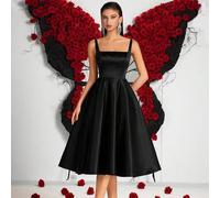 Shein Vestido corto de mujer de unicolor, elegante, con tirantes gruesos, cintura alta, corte evasé, espalda descubierta y cintura con lazo, adecuado para b