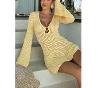 Shein Vestido corto de playa tipo cubre con cuello en V, decoración de círculo hueco, manga abullonada, unicolor y silueta evasé