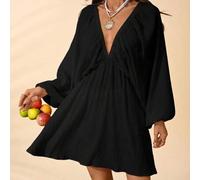 Shein Vestido corto de vacaciones para mujer de manga larga con escote en V, de tejido suelto y unicolor, para primavera/verano