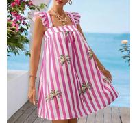 Shein Vestido corto de verano con escote cuadrado, volantes en las mangas y estampado tropical de árbol de coco y rayas para vacaciones en la playa