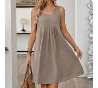 Shein Vestido corto de verano para mujer de unicolor simple, cuello redondo, plisado y sin mangas