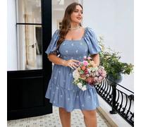 Shein Vestido corto de verano para mujer talla grande con bordado floral elegante, que ciñe la cintura y es cómodo y elástico, con mangas abultadas en estil