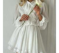 Shein Vestido corto elegante de estilo francés, diseñado con cuello de volantes, mangas largas, cintura elástica, corte evasé
