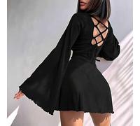 Shein Vestido corto elegante de primavera de unicolor, con cuello redondo, mangas acampanadas, espalda abierta y silueta evasé, en color negro